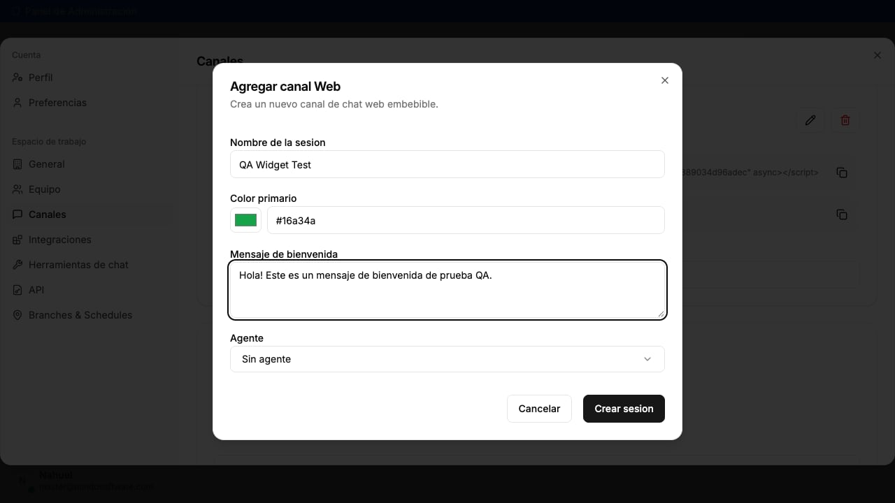 Formulario para crear un canal Web