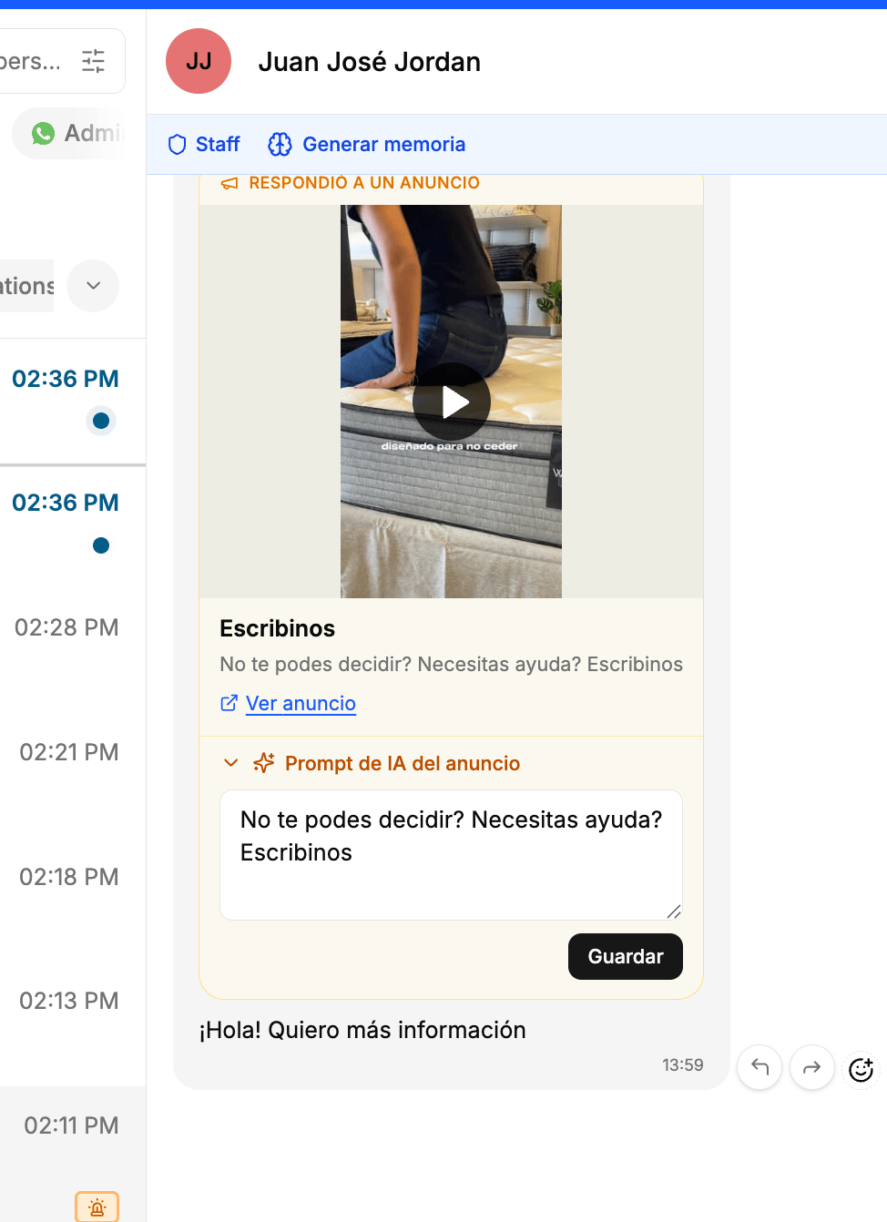Sección Prompt de IA del anuncio desplegada, mostrando el texto original del anuncio