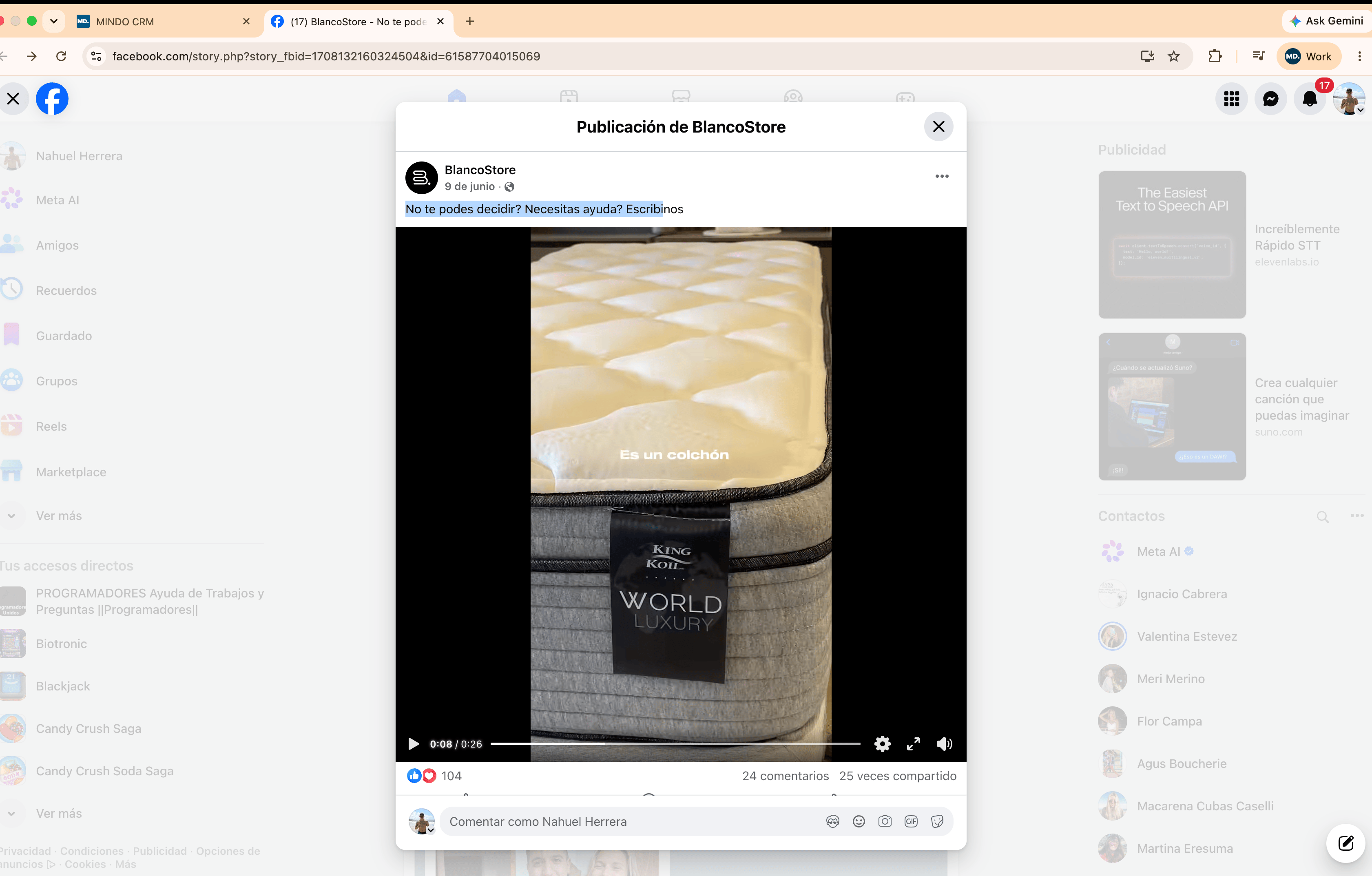 Publicación de Facebook cuyo texto no describe el producto mostrado en el video
