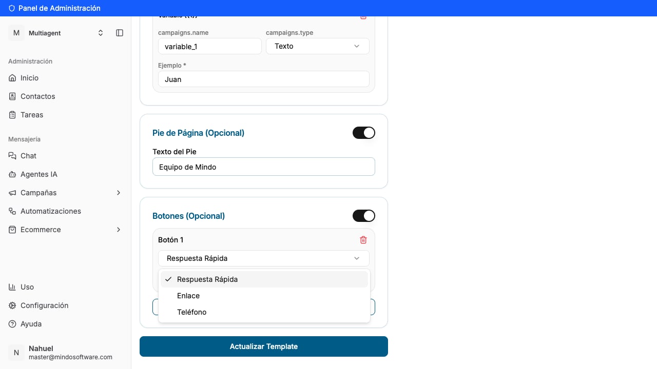 Configuración de botones de la plantilla