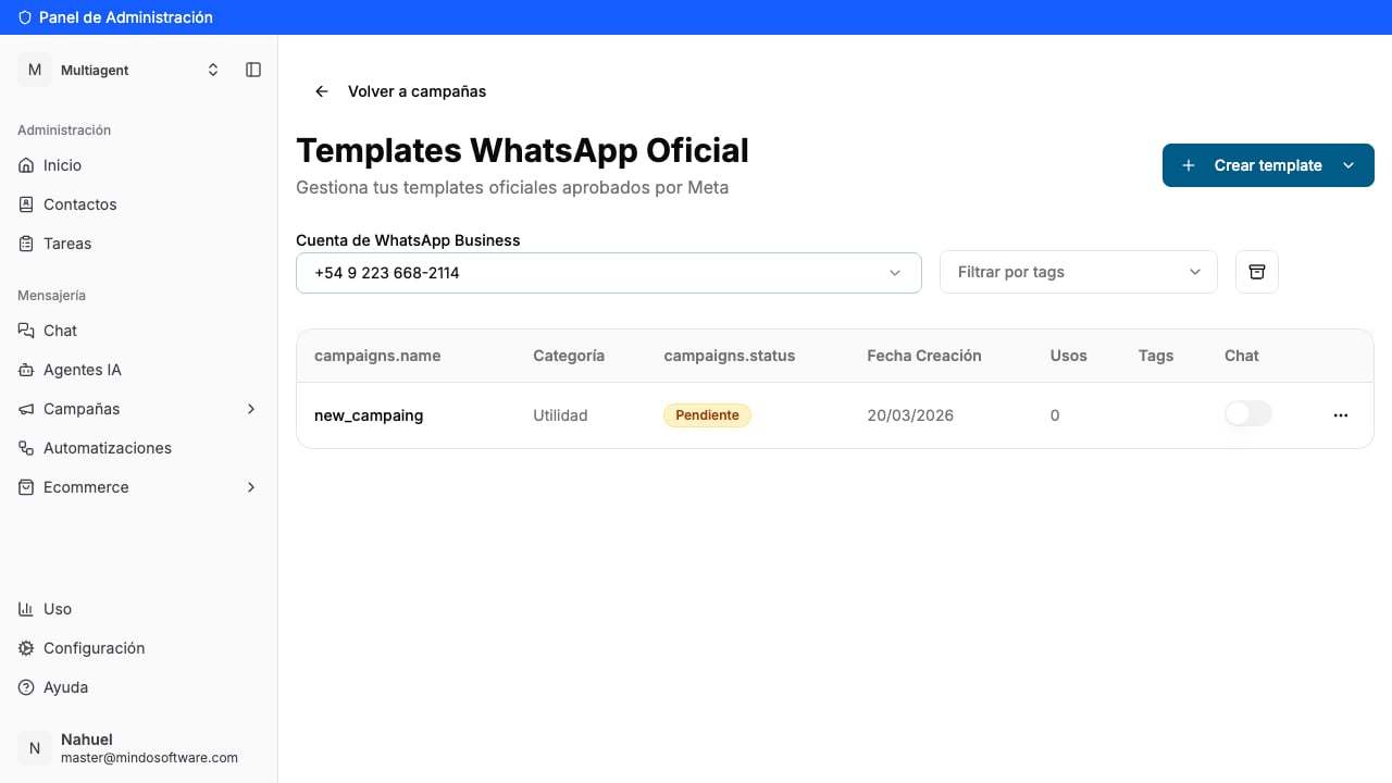 Lista de plantillas con el botón Crear template