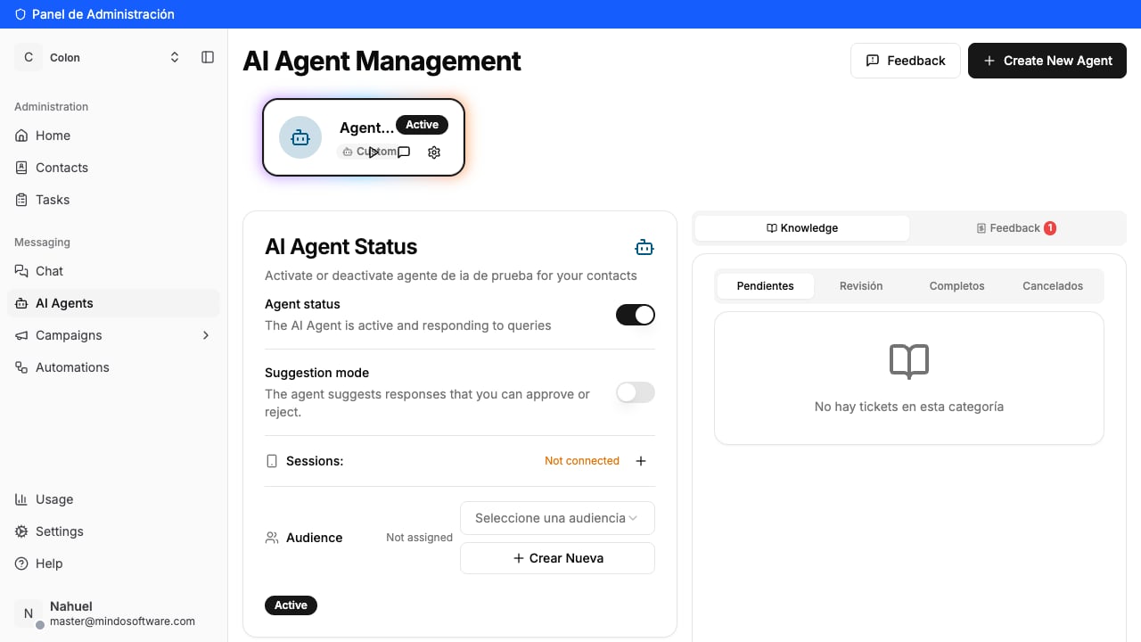 AI Agents screen showing the active agent with Test agent, Quick Chat, and Settings buttons
