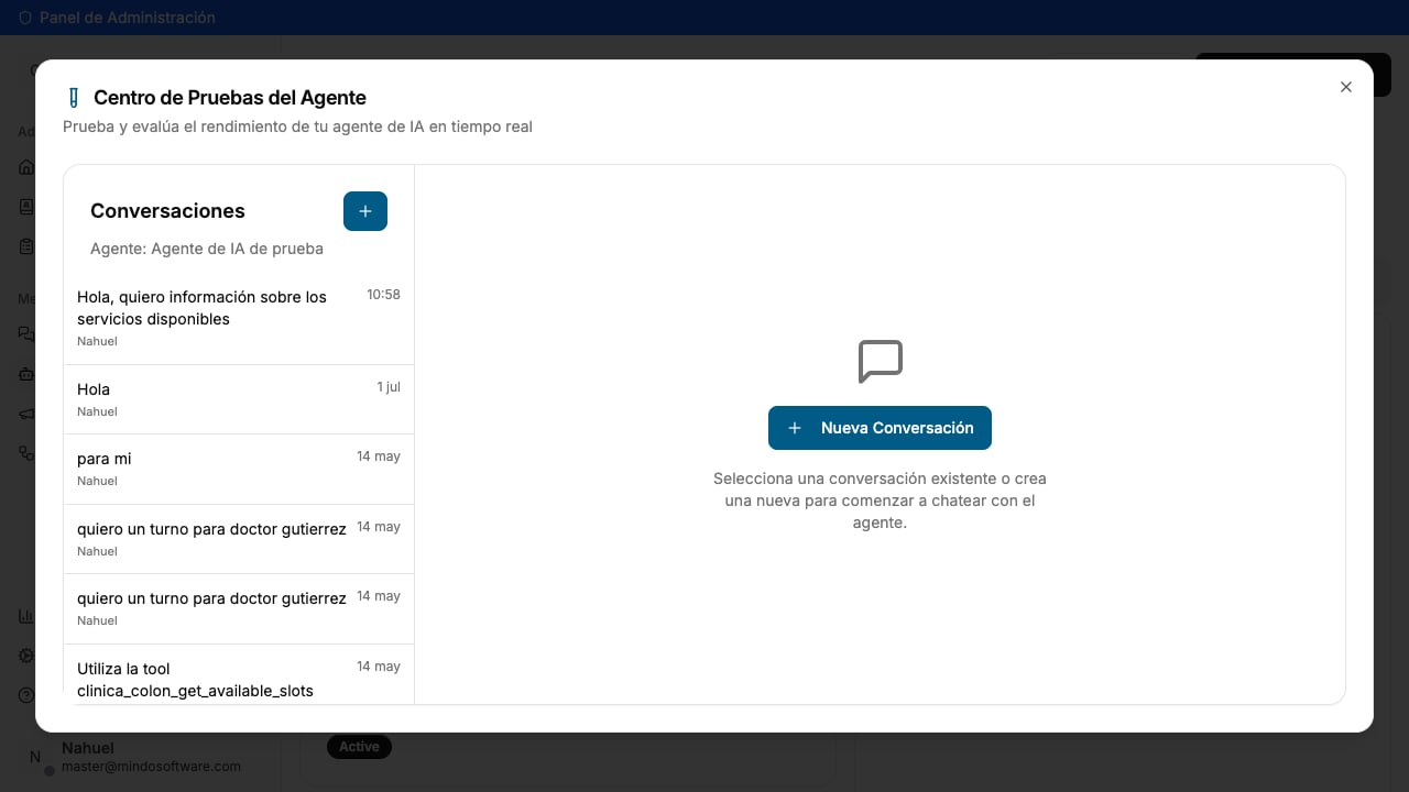 Agent Testing Center dialog with conversation list and New Conversation button