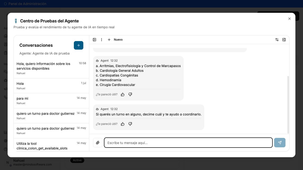 Test conversation showing the agent's response with feedback buttons