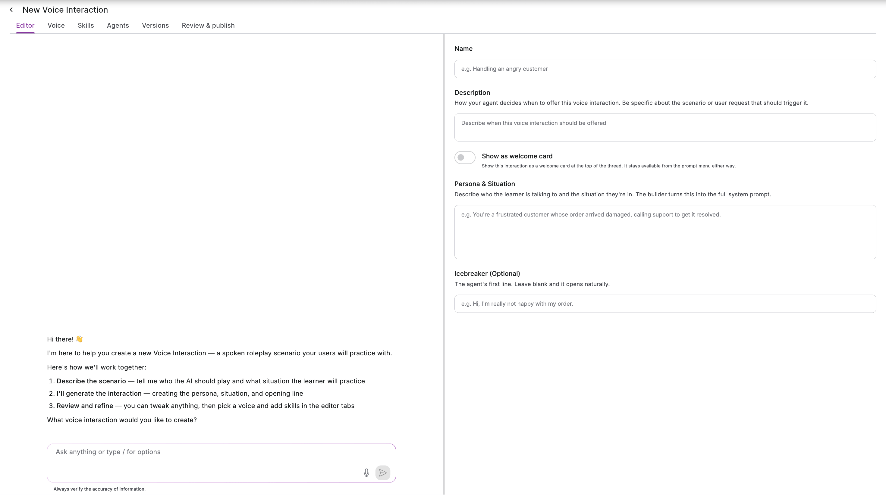 The two-pane Interaction Builder: chat on the left, interaction details on the right