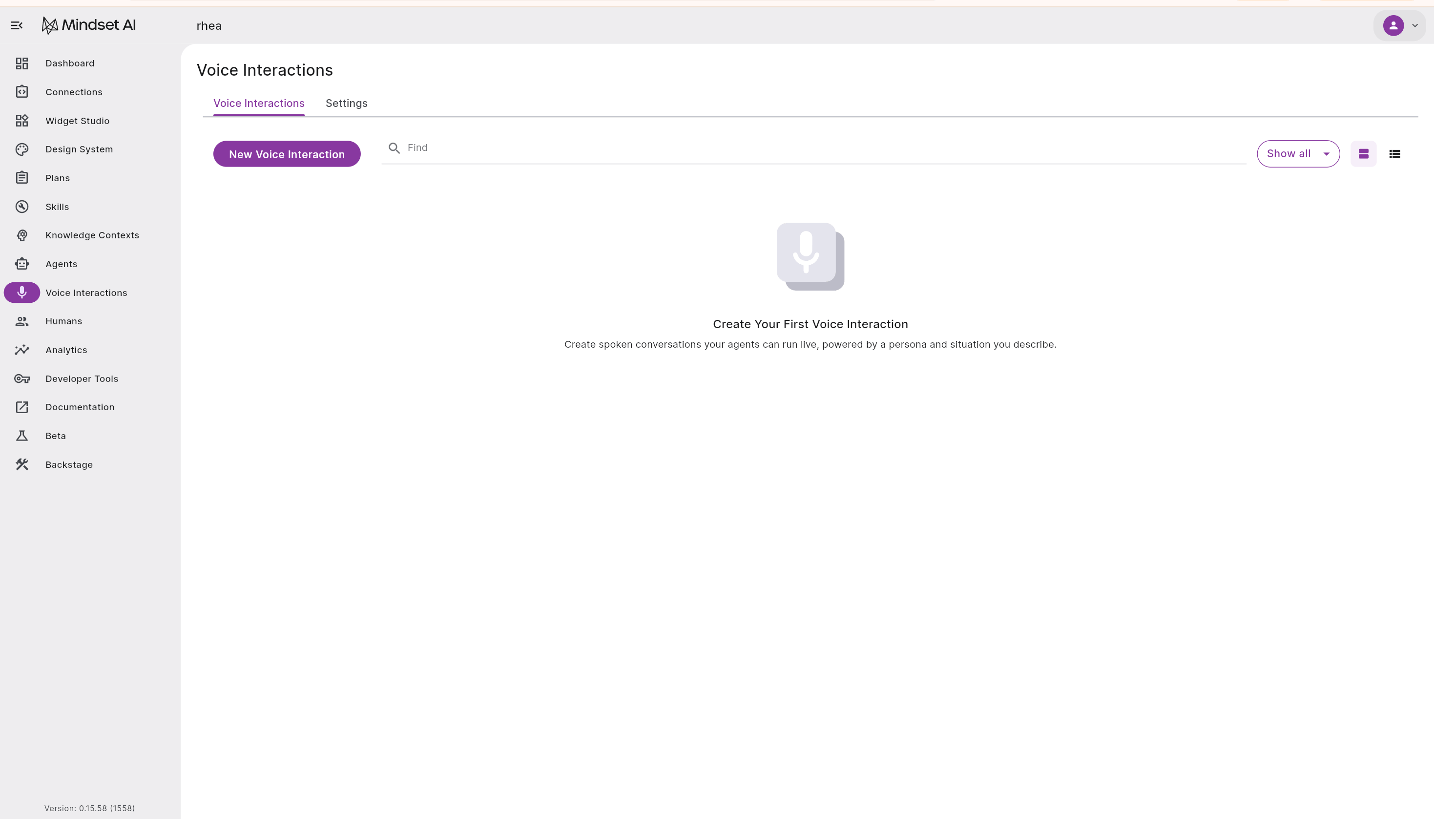 Voice Interactions list view with the New Voice Interaction button