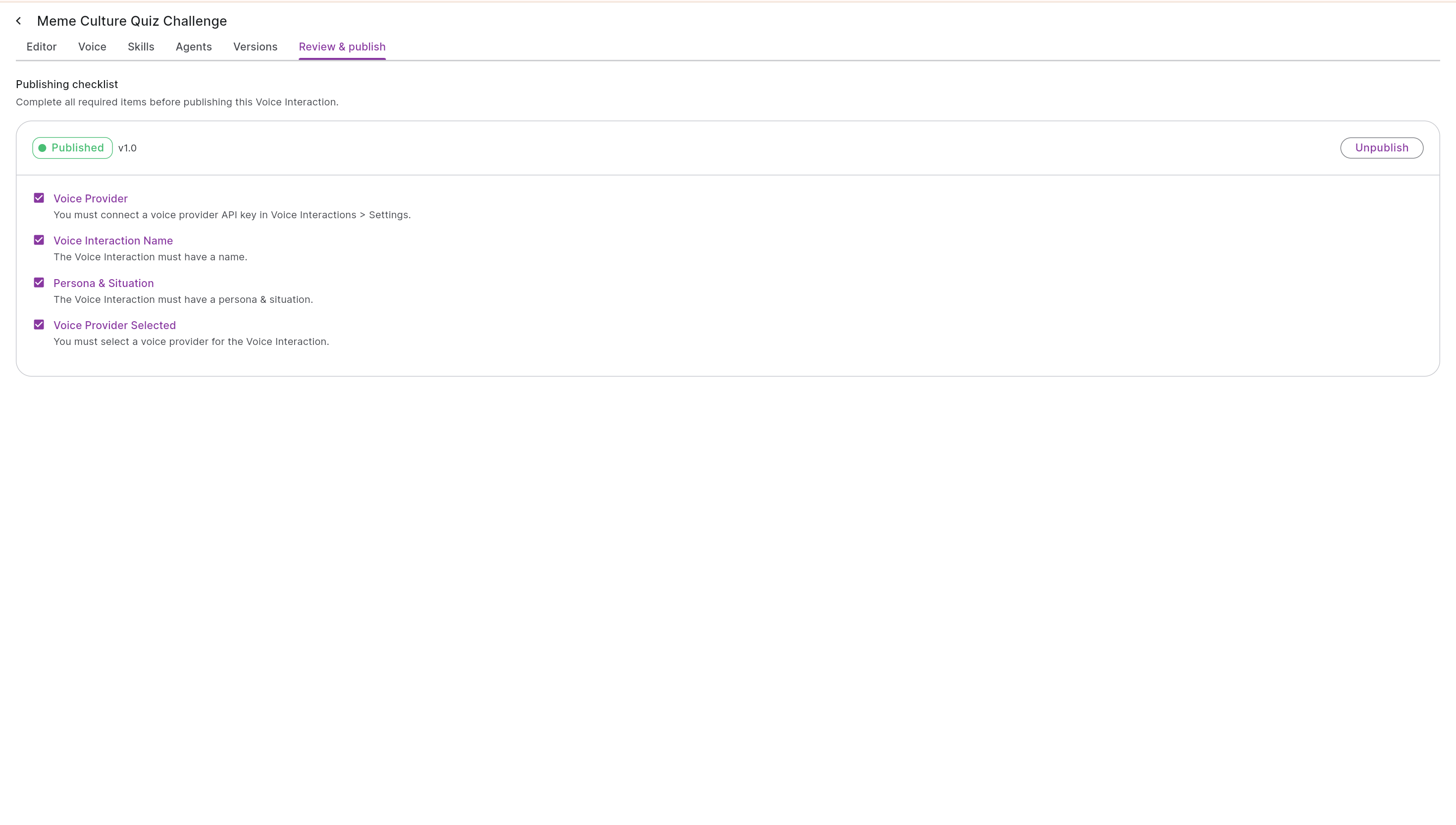 The publish checklist showing the four requirements before an interaction can go live