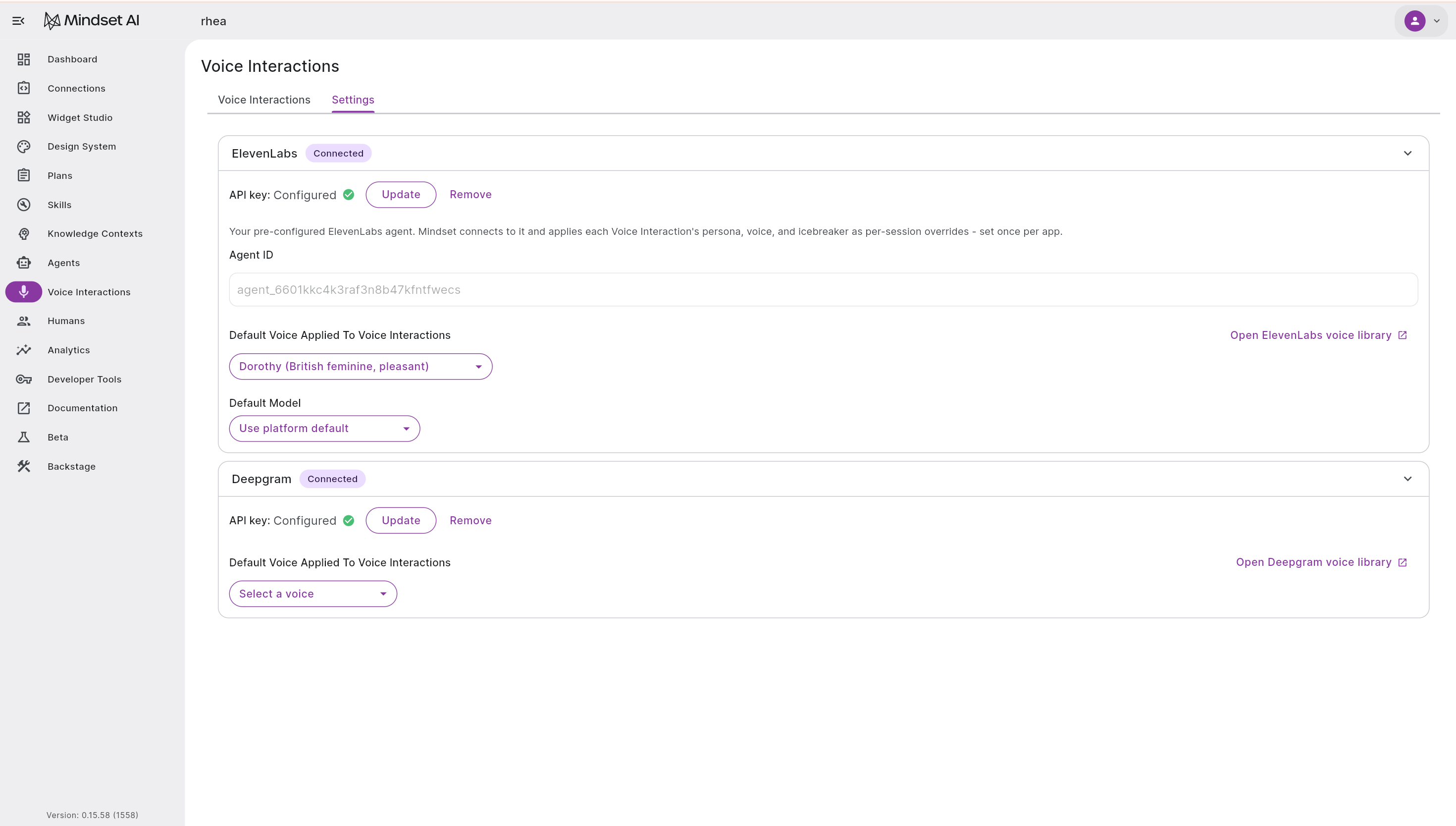 Settings showing the ElevenLabs and Deepgram provider panels