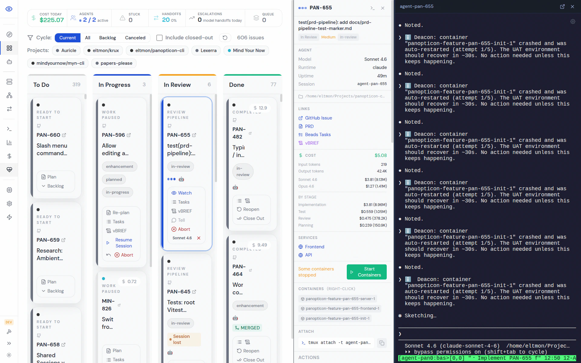 Inspector panel with merge-agent terminal streaming live