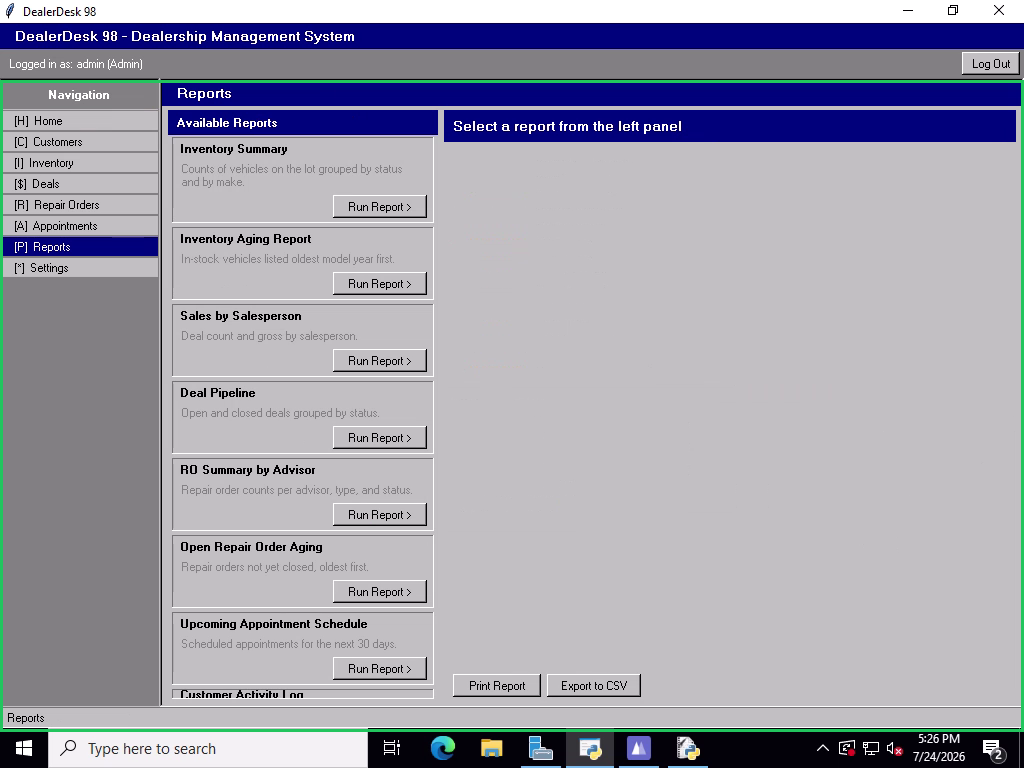 The Reports screen with an empty report pane, a green box marking the detected screen transition.