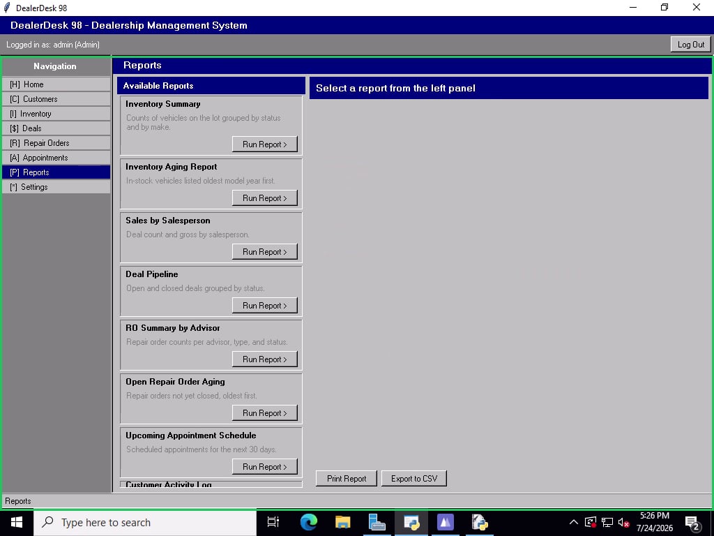The Reports screen with an empty report pane, a green box marking the detected screen transition.