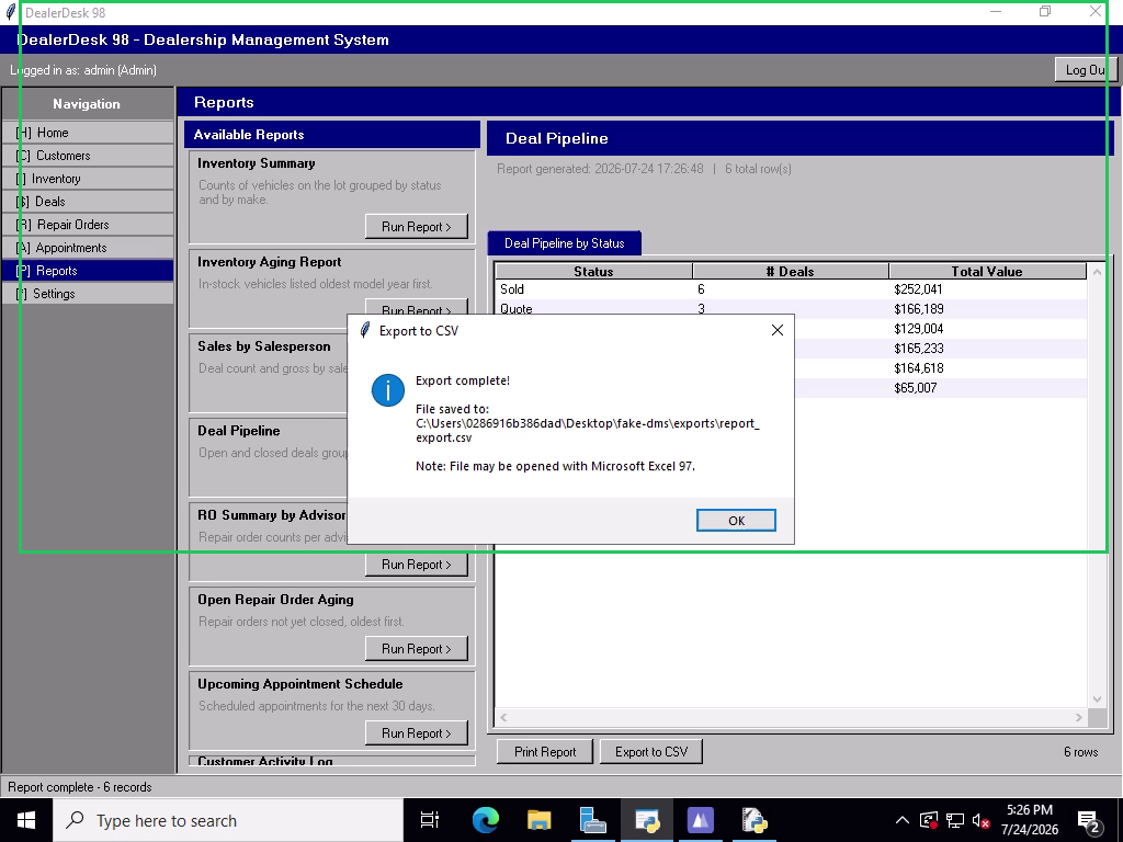 An Export complete dialog showing the CSV file path on disk, inside a green change-region box.