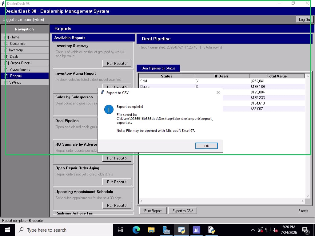 An Export complete dialog showing the CSV file path on disk, inside a green change-region box.