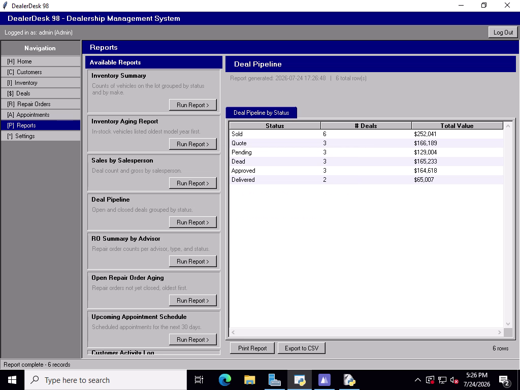The report screen after the export, with the status bar reading Report complete, 6 records.