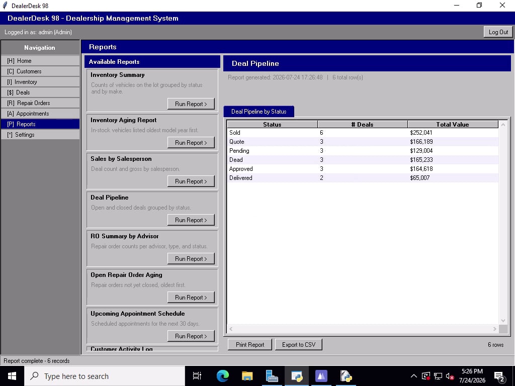 The report screen after the export, with the status bar reading Report complete, 6 records.