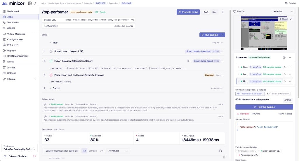 A live job with a new lesson ready: the working version has changed steps waiting to be promoted, and production traffic is untouched.