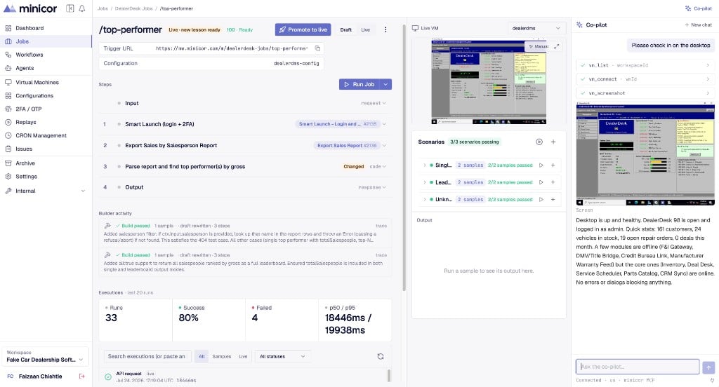 The co-pilot checking a desktop: it connects, takes a screenshot, and reports what it sees.