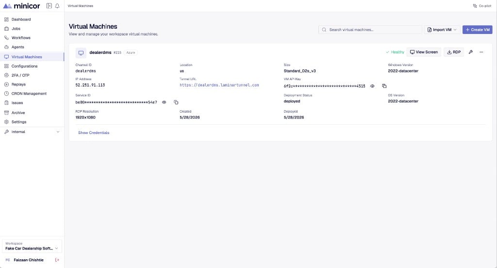A connected desktop in the dashboard: healthy, with a live screen view and RDP access one click away.