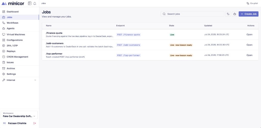The Jobs page: each job is an endpoint with a state, and taught changes waiting to be promoted show as Live · new lesson ready.