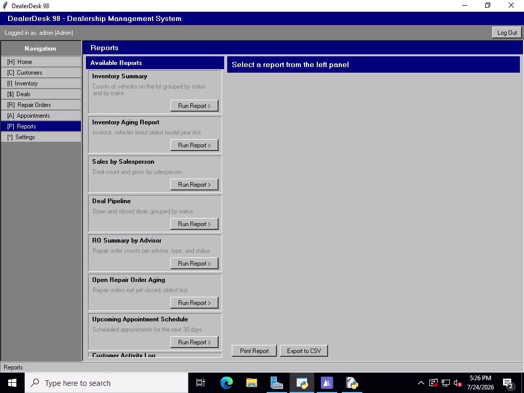 The Reports screen with an empty report pane reading Select a report from the left panel.