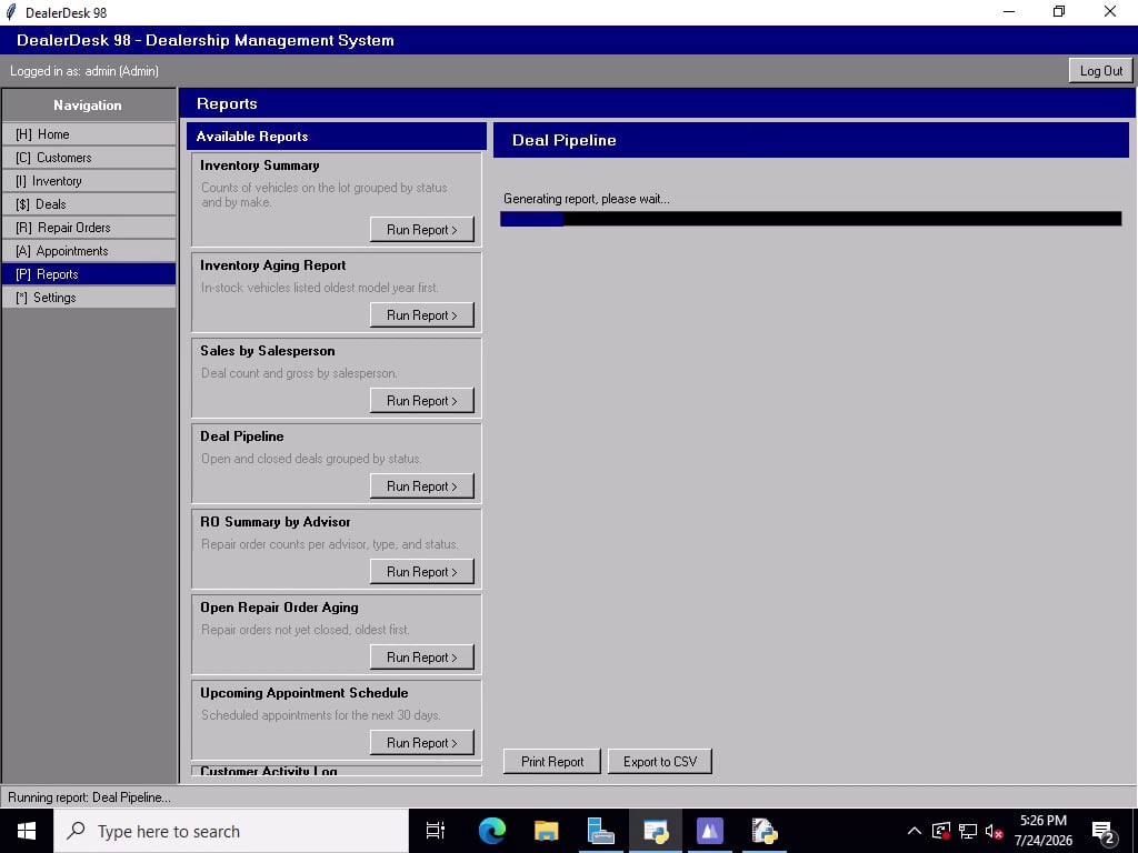 The Deal Pipeline report generating, with a progress bar and the message Generating report, please wait.