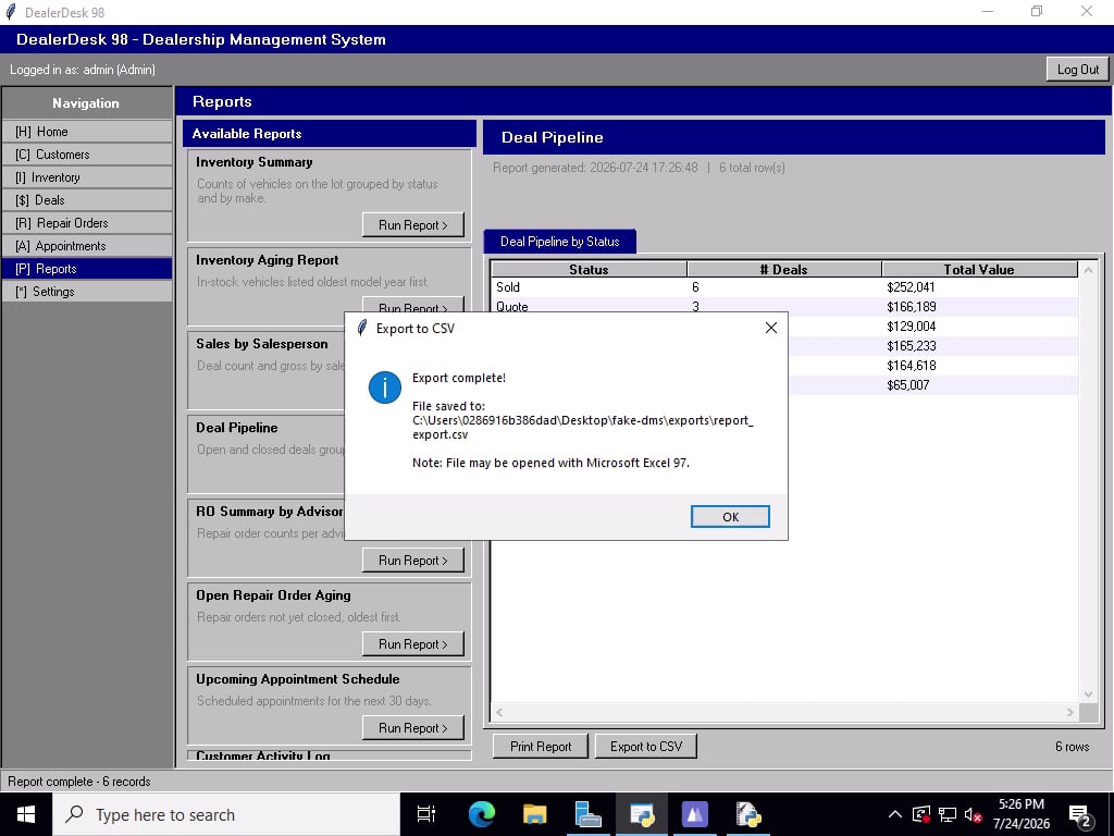 An Export complete dialog showing the CSV file path on disk.