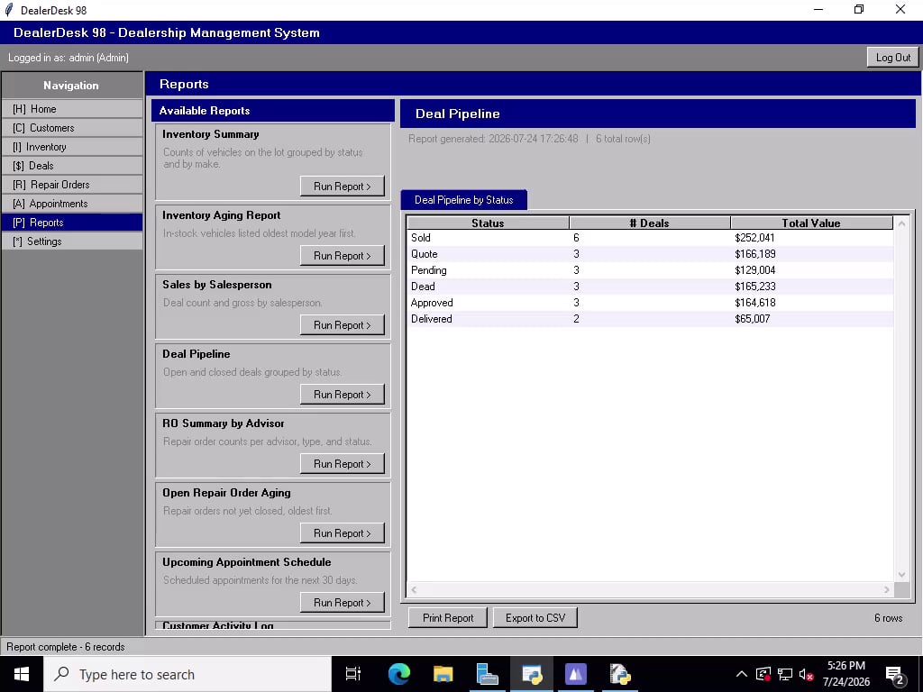 The report screen after the export, with the status bar reading Report complete, 6 records.