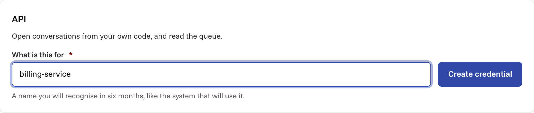 Settings, API: the field to name a credential, and Create credential