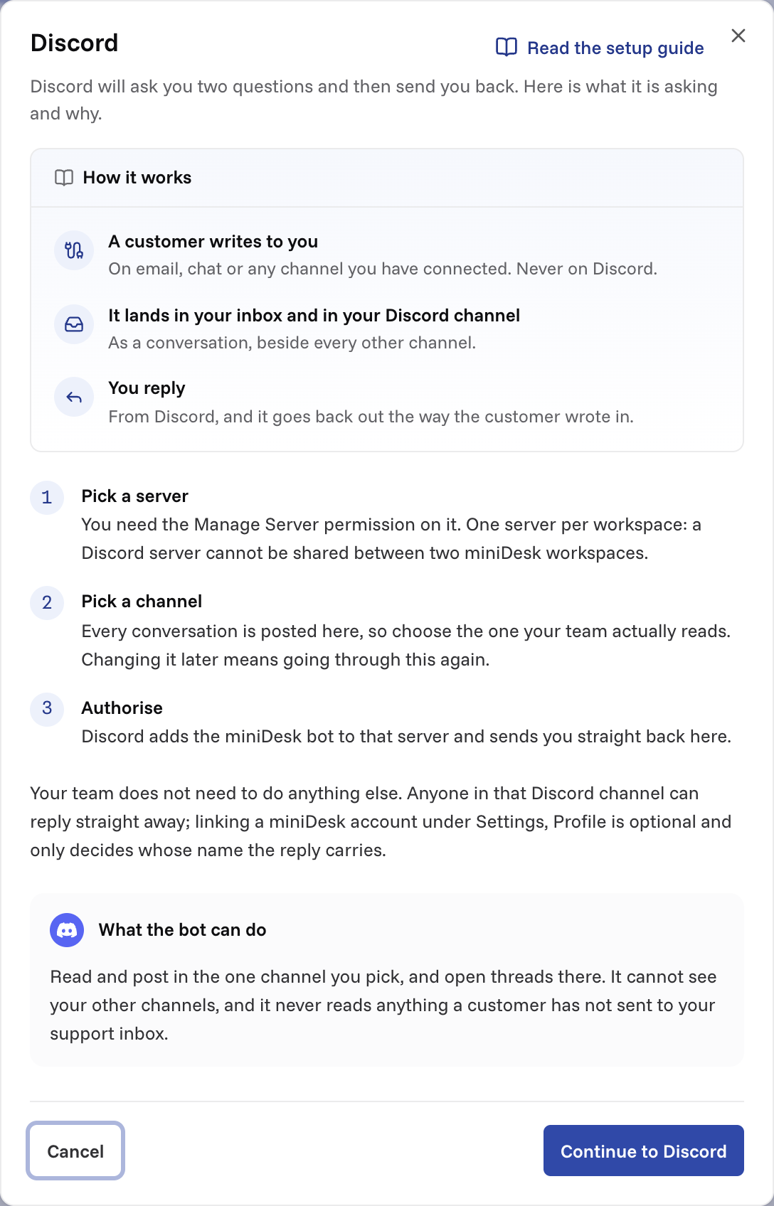 The Discord window: how it works, the three steps, what the bot can do, and Continue to Discord