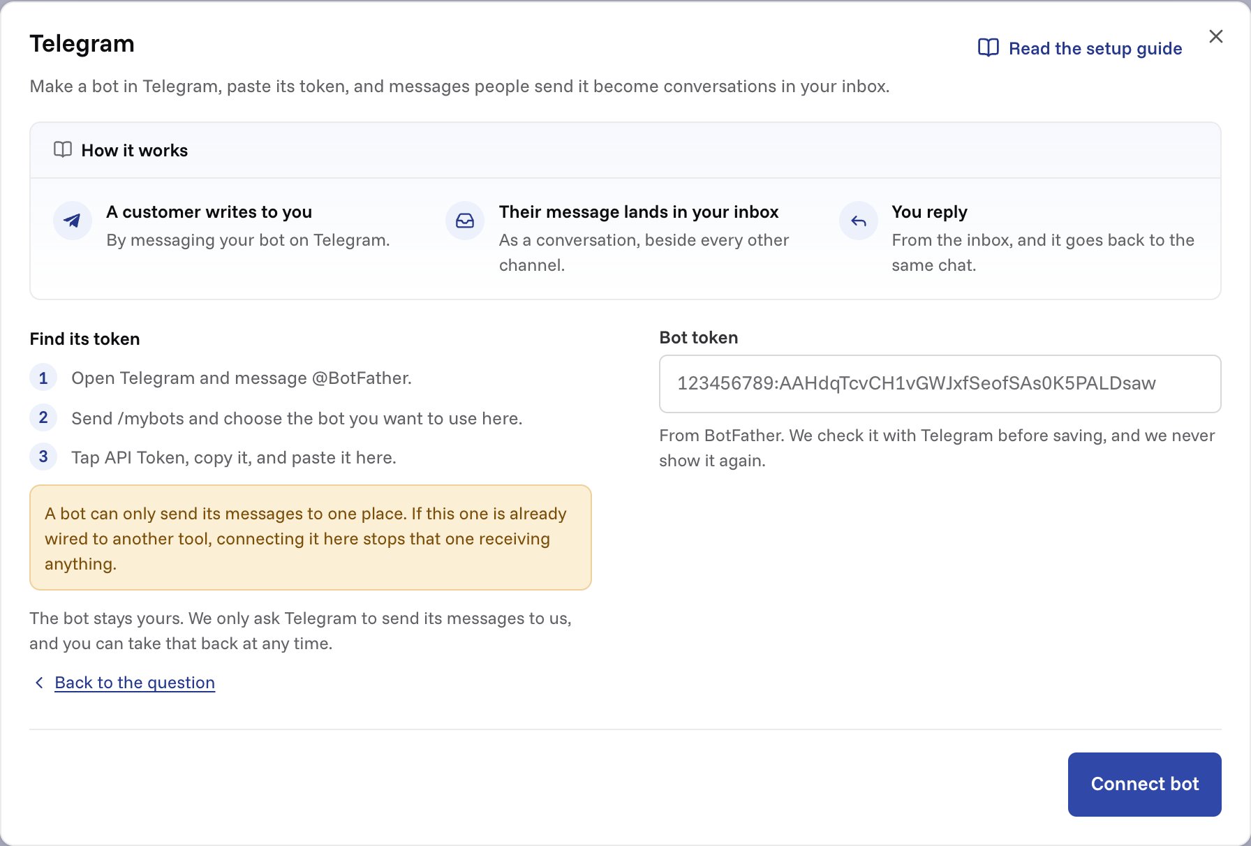 The Telegram window for a bot you already have: where to find its token, and the box to paste it in