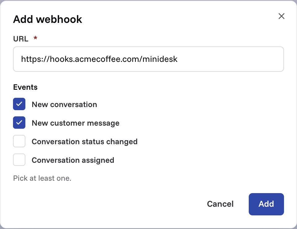 The Add webhook window: a URL and two of the four events ticked