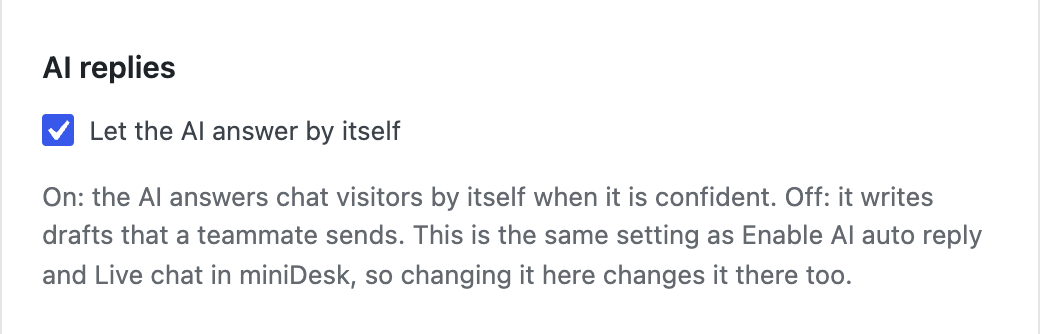 The AI replies section, with Let the AI answer by itself ticked