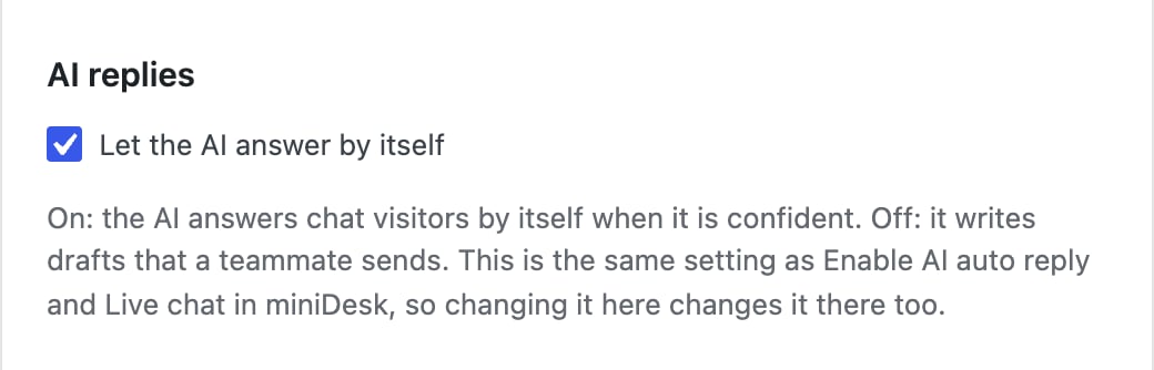 The AI replies section, with Let the AI answer by itself ticked
