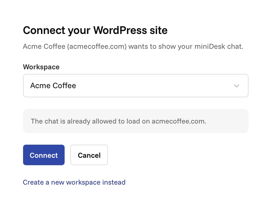 The Connect screen on miniDesk.ai, with the workspace picked and the Connect button