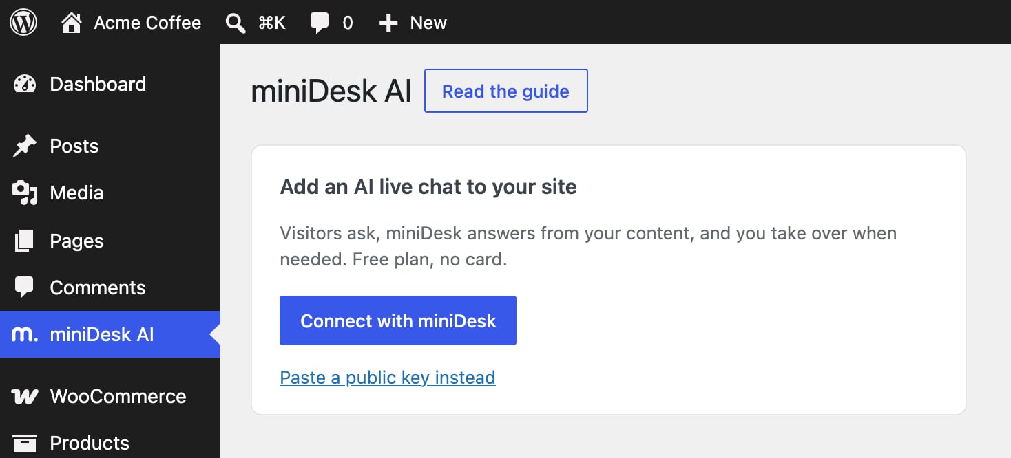 The miniDesk AI page in WordPress before connecting, with the Connect with miniDesk button