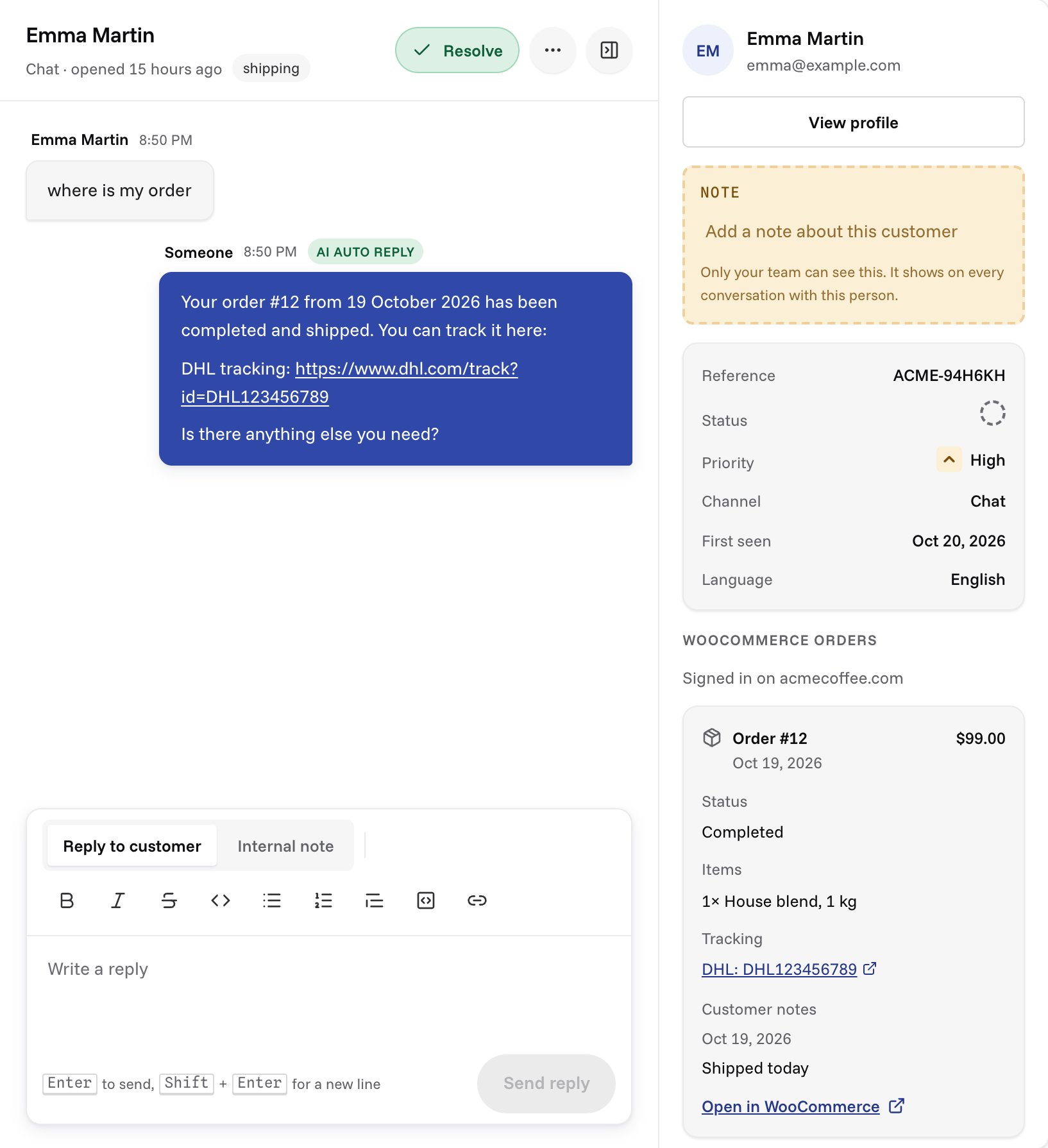 A conversation where the AI answered with the order's status and DHL tracking link, beside the WooCommerce orders panel showing that order