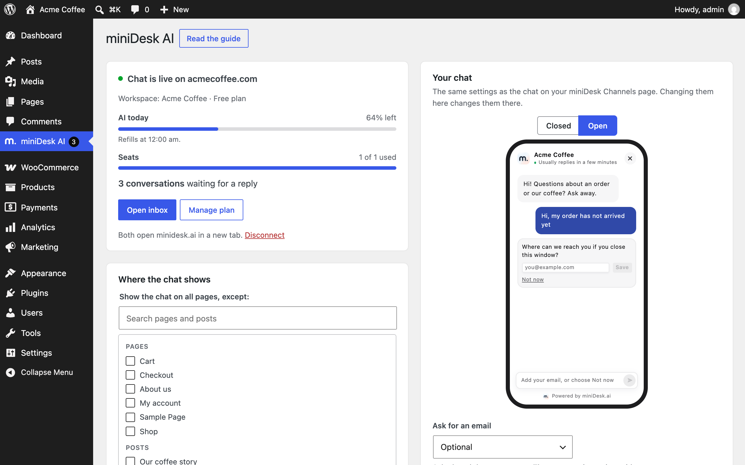 The miniDesk AI page on a connected site: the status card, where the chat shows, and the Your chat card with its preview