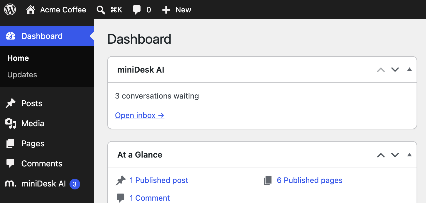 The WordPress Dashboard with 3 conversations waiting, in the miniDesk AI box and on the menu item