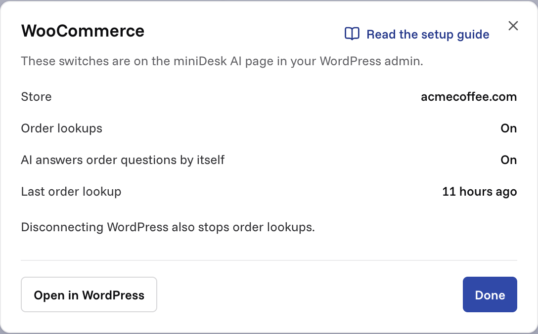 The WooCommerce dialog on the Channels page: store, order lookups on, AI answers order questions by itself on, last order lookup, and Open in WordPress