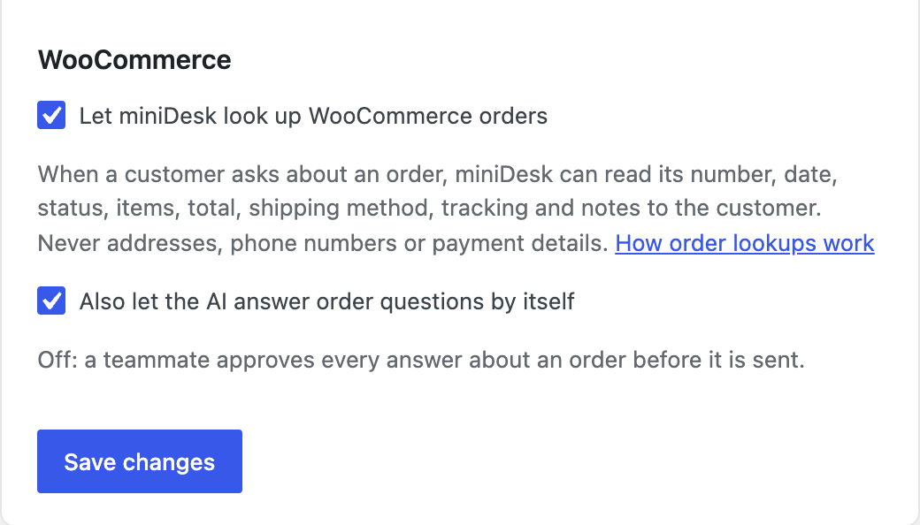 The WooCommerce section of the miniDesk AI page, with both boxes ticked and the Save changes button
