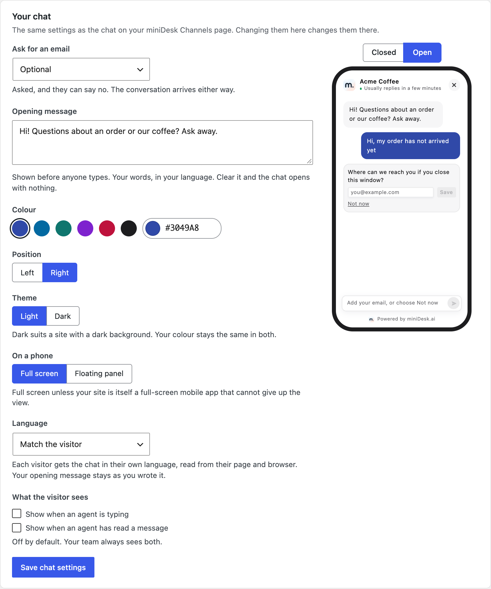 The Your chat card: the settings on the left and a preview of the open chat on a phone on the right