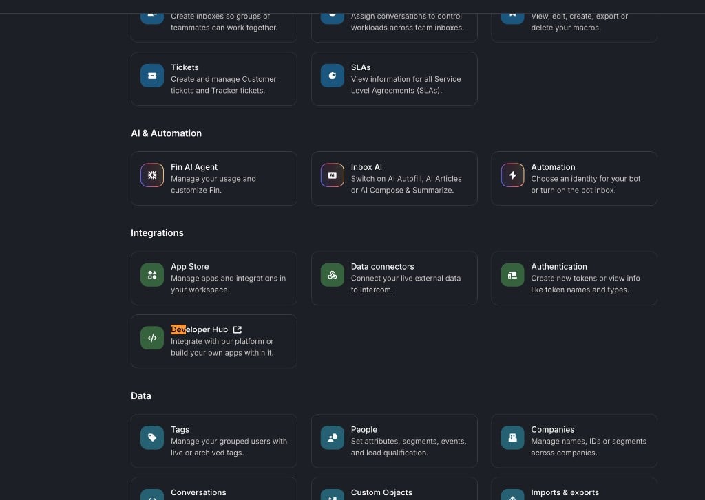 Intercom settings with the Developer Hub option under Integrations