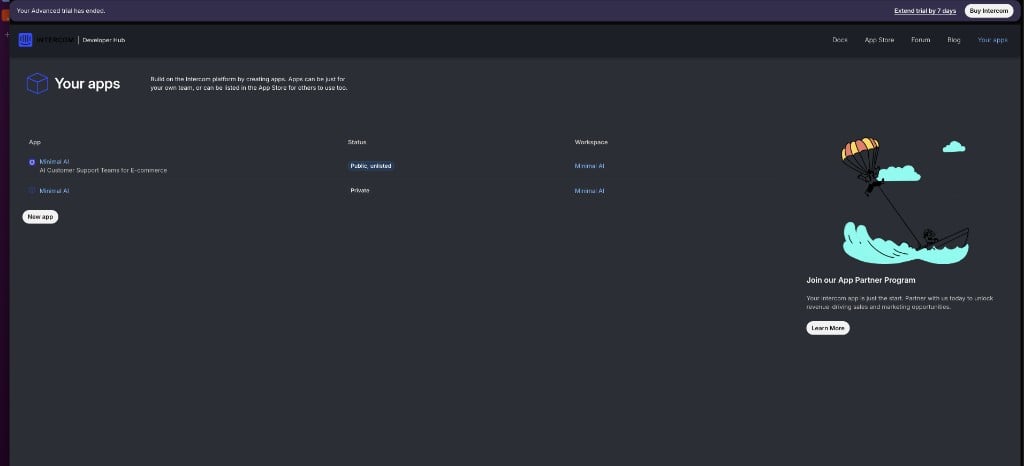 Developer Hub Your apps page with the New app button