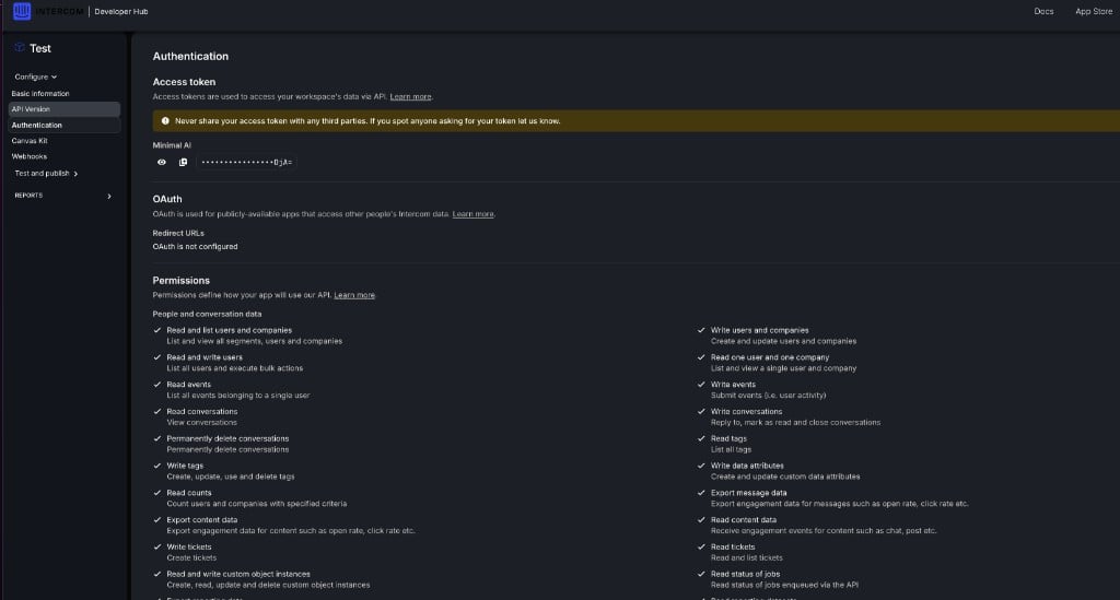 Intercom app Authentication page showing the access token, OAuth client secret, and permissions