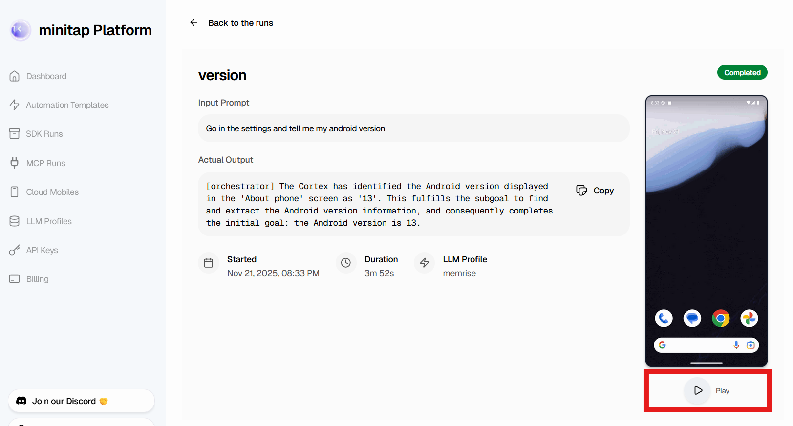Task run details with playable GIF