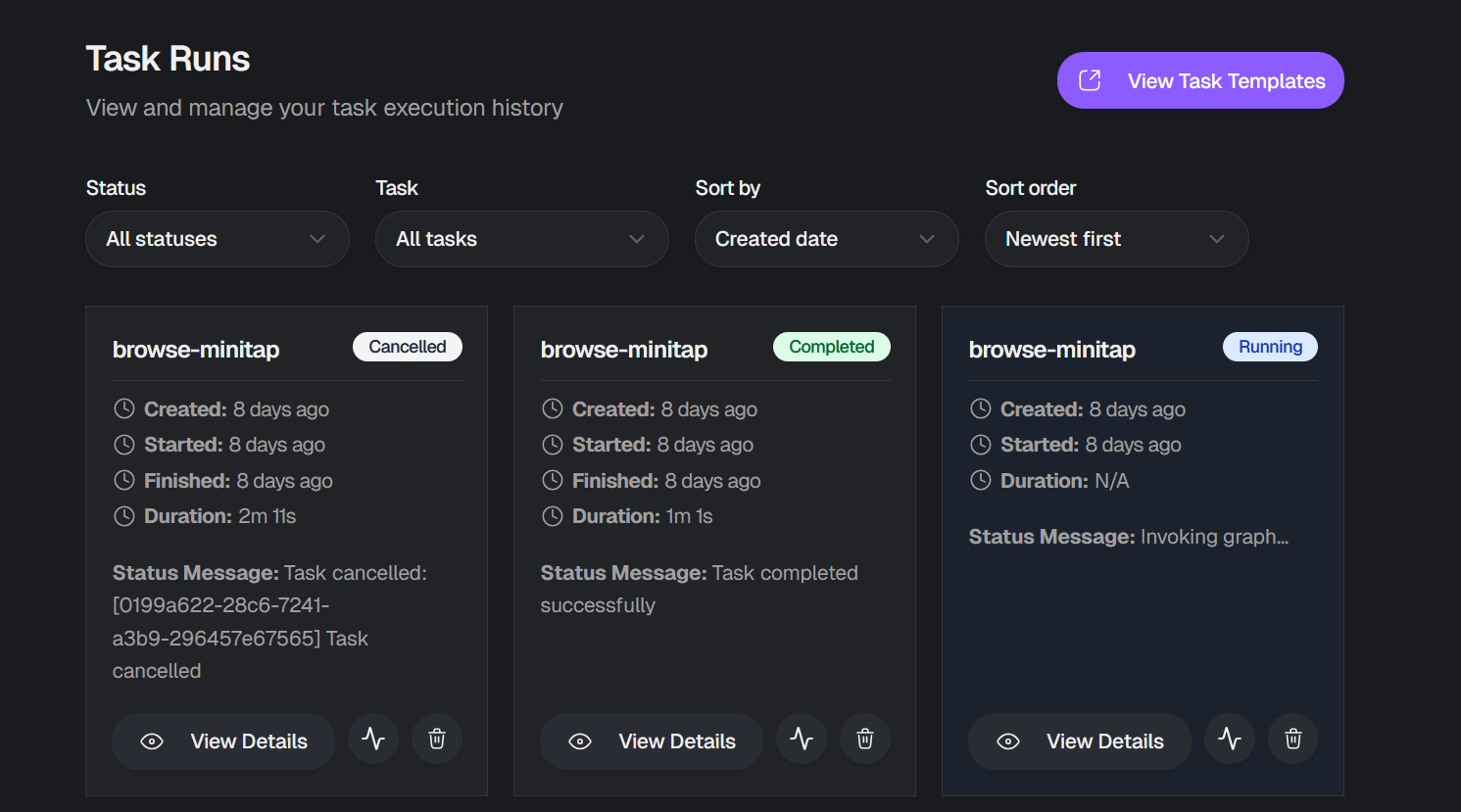 Task runs list view