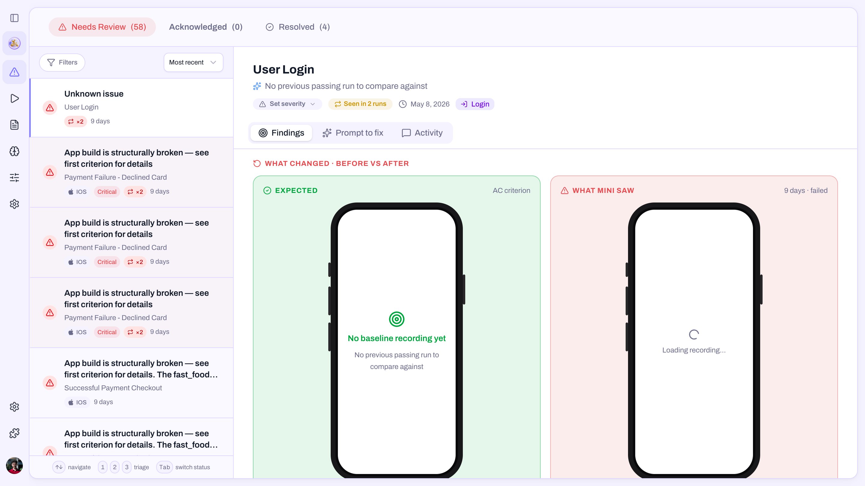Issues tab — left rail lists issues with criticality + age, right pane shows before/after, expected/actual, and suggestions