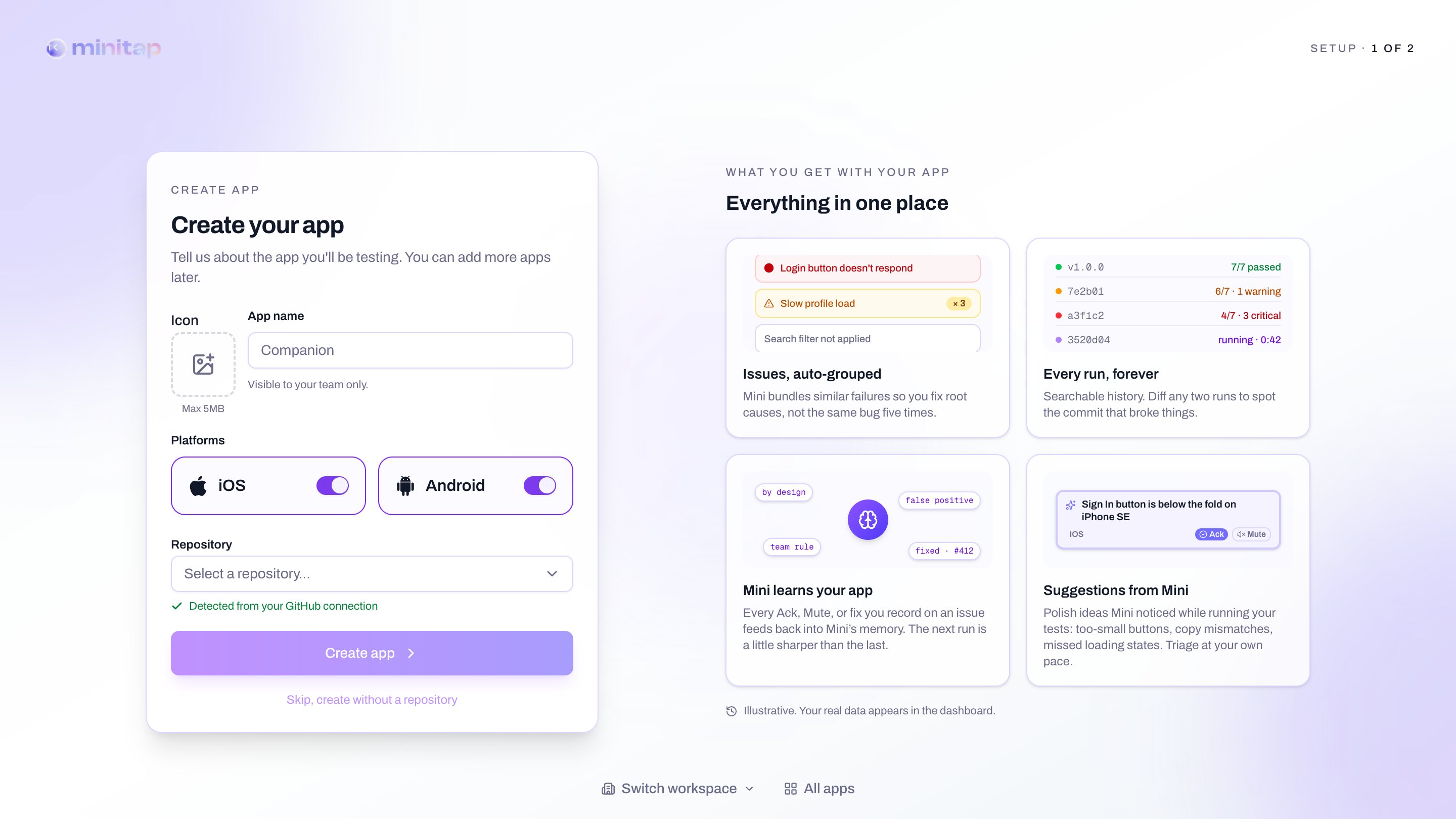 Onboarding — Create your app step with platforms, repo, and feature panel