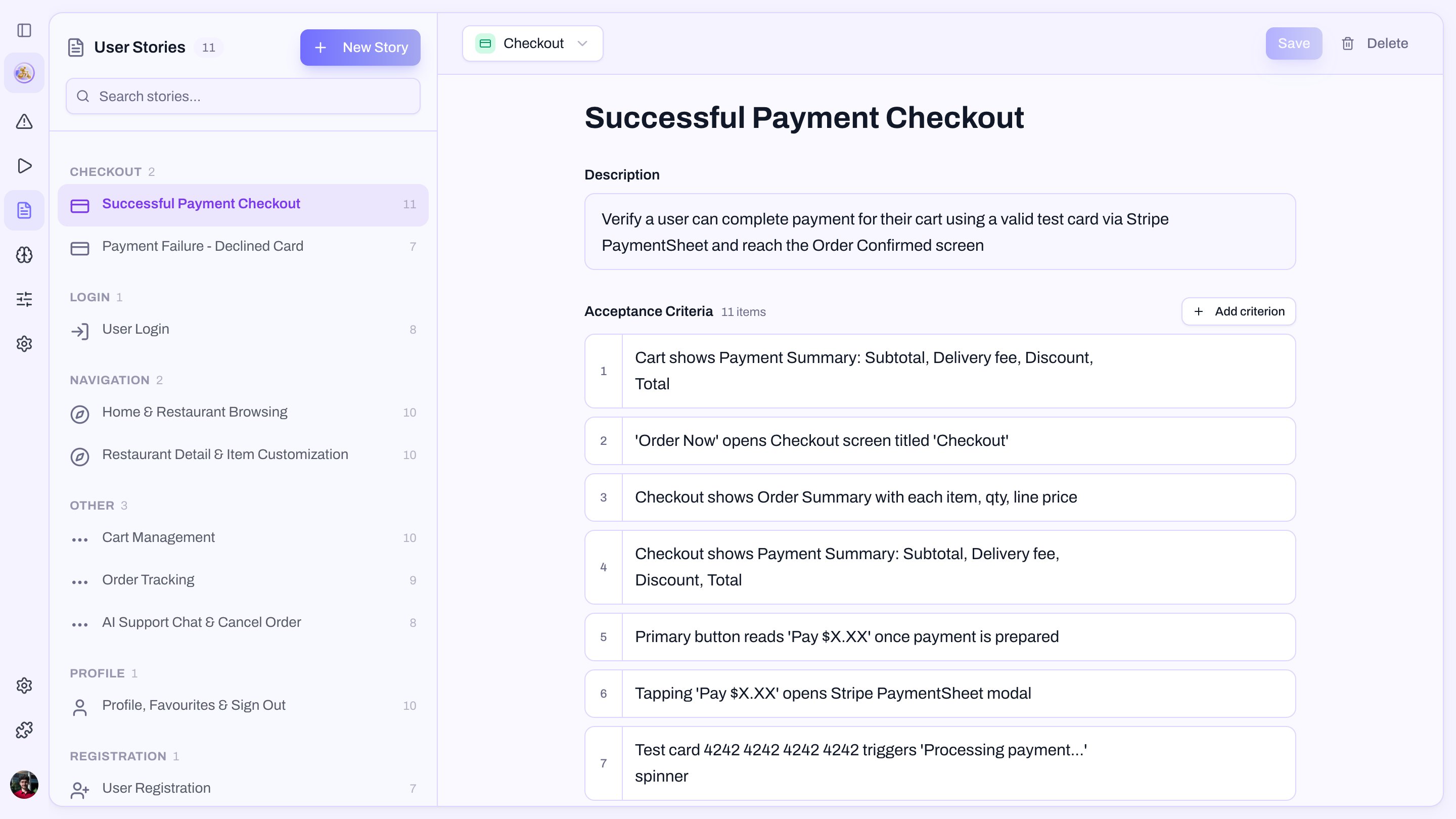 User Stories tab — story list grouped by type on the left, editable acceptance criteria on the right