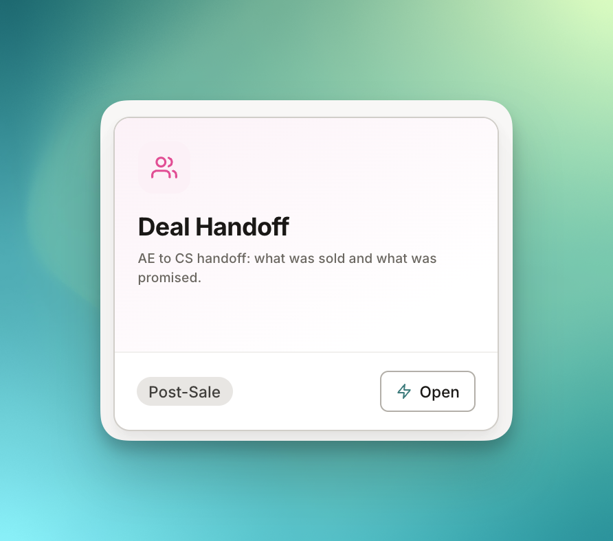 The Deal Handoff card on a deal page, tagged Post-Sale